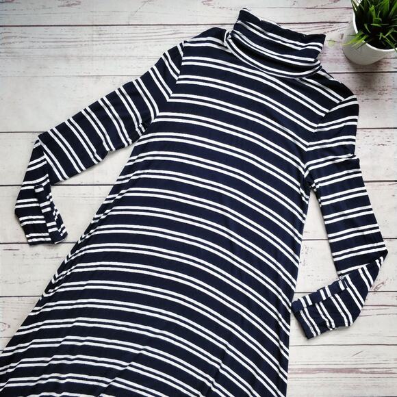 ANTHROPOLOGIE MAEVE Turtleneck Stripe Navy White Long Sleeve Jersey Dress L - Picture 1 of 7